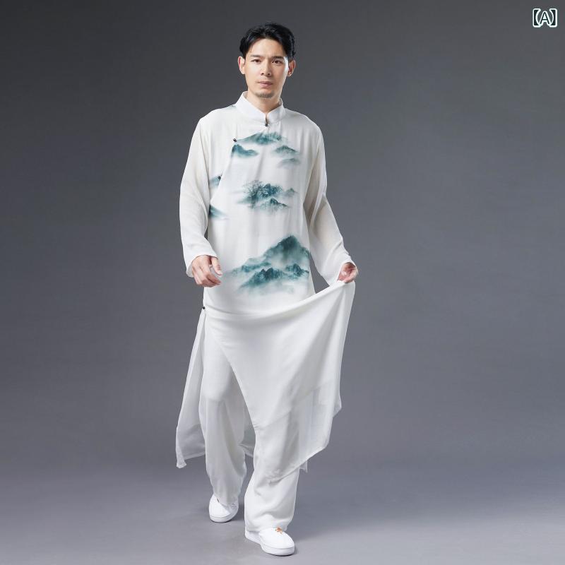 漢服 男性用 スタンドカラー シフォン 薄手 ロング丈 斜め襟 プリント柄 カジュアル 古風 民族衣装 チャイニーズスタイル ホワイト 春夏 ポリエステル トップス