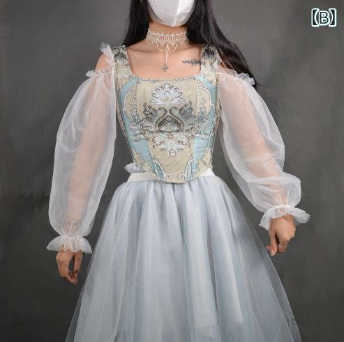 トップス レディース ガードルトップ レトロ 油彩柄 シフォン アクリル樹脂 長袖 うしろ側編み上げ 手を加える 酉の方角シェイプ 表現スタイル繰り上げる 緑であること系 青碧系