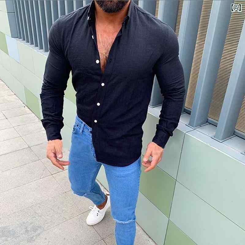 シャツ メンズ 男性用 長袖 襟付き ボタン 前開き リネン 麻 無地 ゆったり 薄手 ビッグシルエット 大人カジュアル 普段使い 春夏 通気性 清涼感 快適 速乾 ブラック