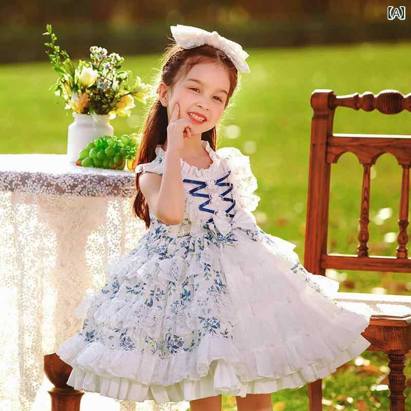 ワンピース 女の子 キッズ ロリータ プリンセス ドレス ノースリーブ 小花柄 ふわふわ フレア 綿 コットン ブルー 夏 サマー お出かけ 3歳 4歳 5歳 6歳 7歳 8歳