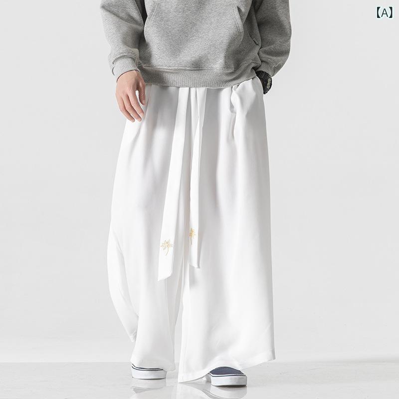 カジュアルパンツ メンズ 春夏 綿麻 リネン ゆったり ワイド フレア ロング丈 薄手 ウエスト紐 リラックス 瞑想 普段使い 大きいサイズ ホワイト ブラック ブルー