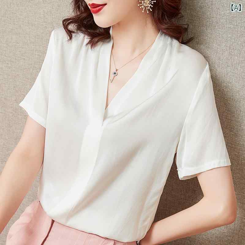 Tシャツ 春夏 半袖 薄手 Vネック プルオーバー 桑蚕シルク カットソー 上品 エレガント 着回し 普段使い カジュアル リラックス デイリー 日韓スタイル ホワイト トップス