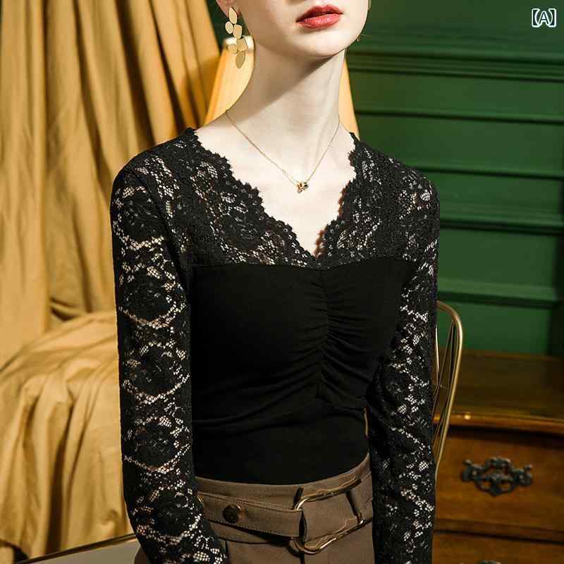 Tシャツ レディース レース切り替え Vネック 長袖 起毛 スリム 秋冬 セクシー フェミニン ブラック 暖か ウール調 かわいい きれいめ オフィス インナー カットソー