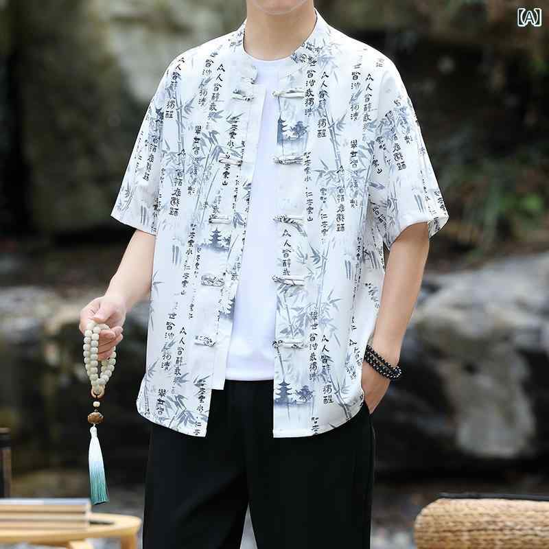 シャツ メンズ 男性 半袖 スタンドカラー 盤ボタン 花柄 プリント スリムフィット カジュアル 韓国風 夏 イージーケア ナイロン混紡 ベージュ グレー