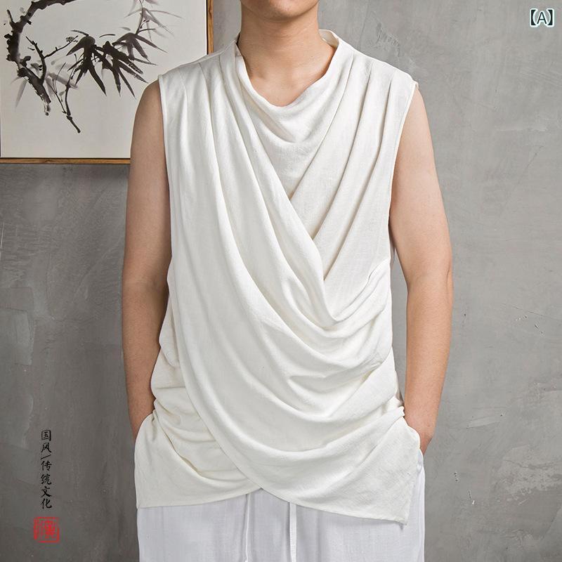 Tシャツ メンズ 男性用 チャイナ風 ノースリーブ 袖なし 麻 リネン 綿 クルーネック 丸首 ゆったり ルーズフィット 夏 カジュアル 普段使い 吸湿速乾