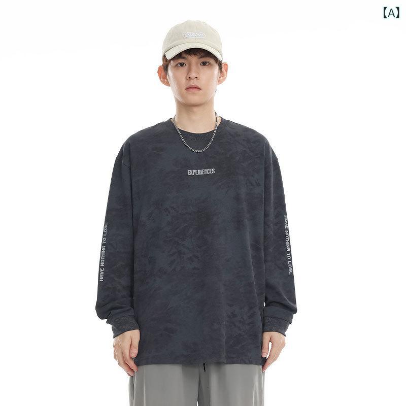 Tシャツ メンズ 春秋 長袖 ビッグシルエット クルーネック アメリカンレトロ 文字プリント ウォッシュ加工 古着風 カジュアル 普段使い インナー 綿混 吸湿速乾 ストリート系 部屋着