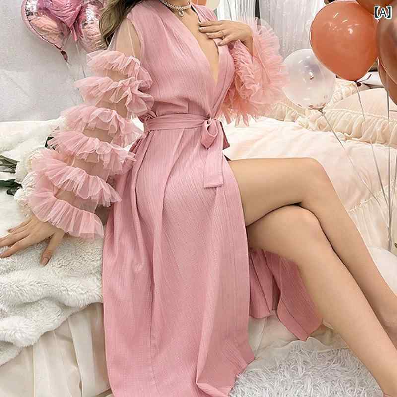 ルームワンピース レディース 女性用 かわいい スウィート 欧米風 Vネック レース ウエストリボン 長袖 ロング丈 春秋 部屋着 ピンク 快適 通気性 リラックス ワンマイルウェア