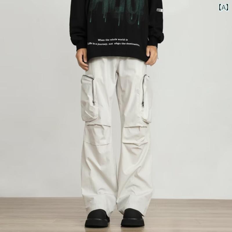 カーゴパンツ メンズ ワイドパンツ ルーズフィット パラシュートパンツ ワークパンツ 多ポケット 立体デザイン ストリート カジュアル アメカジ 韓国風 春秋 普段使い ポリエステル グレー ブラック