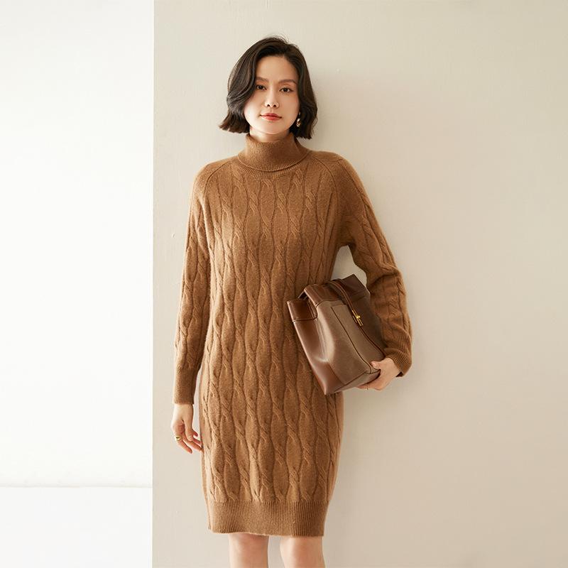 ニットワンピース レディース カシミヤブレンド ハイネック タートルネック ケーブル編み ミディ丈 長袖 Aライン 韓国ファッション スリム 細見え スタイルアップ 通勤 オフィス 秋冬|Hanbok Home