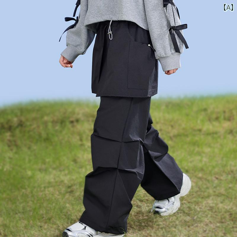 カーゴパンツ 女の子 キッズ ジュニア ストリート ダンス ヒップホップ カジュアル ゆったり ルーズ ワイドパンツ バギーパンツ ロング丈 長ズボン 春秋 普段使い ワーク ポリエステル 黒 ピンク
