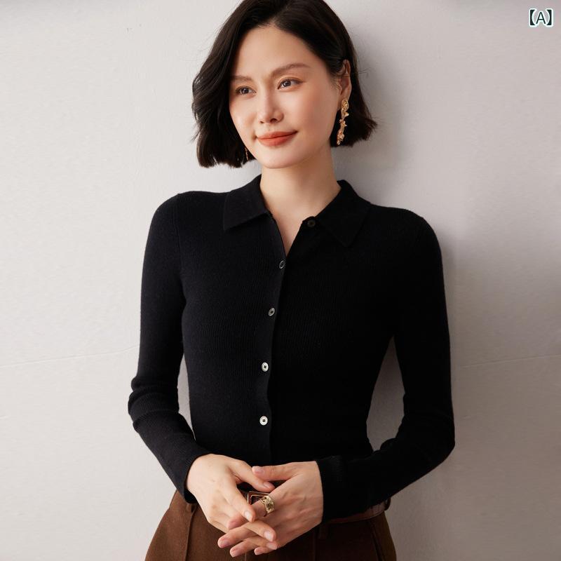 ニット レディース カシミヤ カーディガン ポロ襟 ショート丈 長袖 薄手 スリムフィット 無地 上品 エレガント きれいめ オフィス カジュアル 秋冬 トップス 羽織り｜Hanbok Home 9,521円