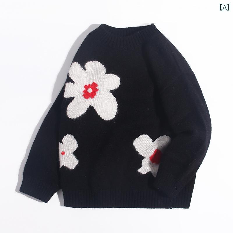 ニット 女の子用 キッズ ベビー カシミヤ セーター 丸首 クルーネック 長袖 厚手 柔らかな肌触り 花柄刺繍 フラワー刺繍 秋冬 普段使い 黒 ブラック|Hanbok Home