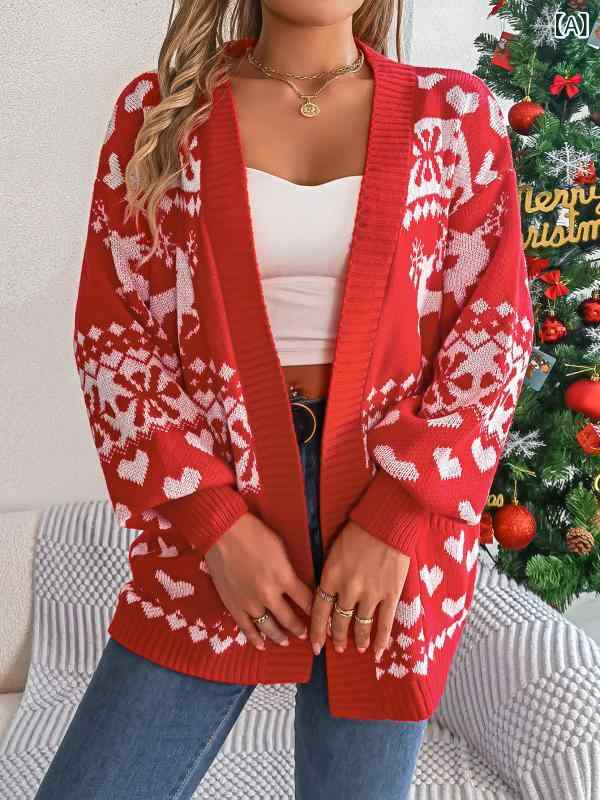 ニットカーディガン レディース 秋冬 クリスマス トナカイ柄 長袖 バルーンスリーブ ポケット付き ミドル丈 羽織り アクリル カジュアル ファッション デイリーユース
