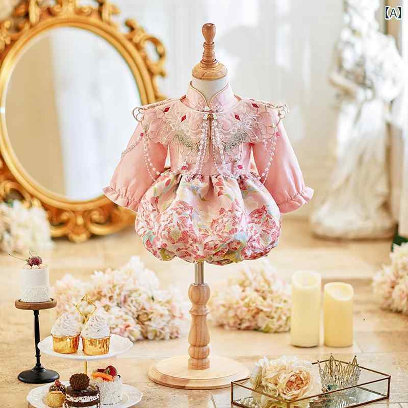 ベビーロンパース 女の子 ピンク 長袖 1歳誕生日 バースデー 100日祝い お食い初め 選び取り チャイナ風 セレモニー衣装 ポリエステル素材 プリーツデザイン
