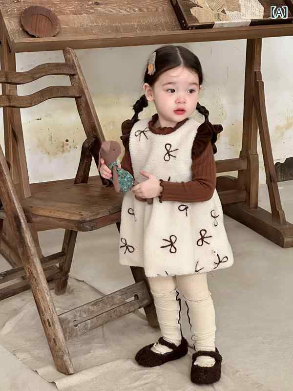 ワンピース 女児 ベビー 秋冬 韓国風 プリンセス風 ジャンパースカート ノースリーブ リボン Aライン かわいい ポリエステル フェイクウール お出かけ 普段使い