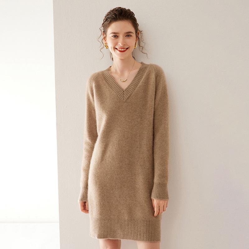 ニットワンピース レディース 秋冬 Vネック 厚手 保温 カシミヤブレンド 無地 長袖 ソフト チュニック丈 ゆったり リラックスフィット トップス 普段使い オフホワイト ブラック