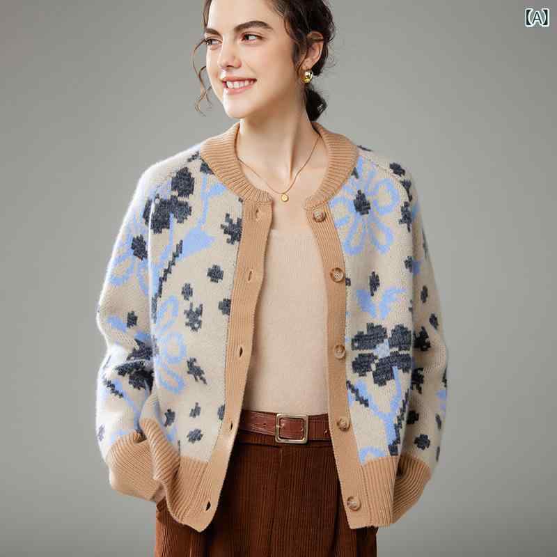 カーディガン レディース 秋冬 カシミヤ ニットトップス 花柄ジャガード ラウンドネック 長袖 ゆったり 厚手 ソフトタッチ 保温性 オフィス カジュアル
