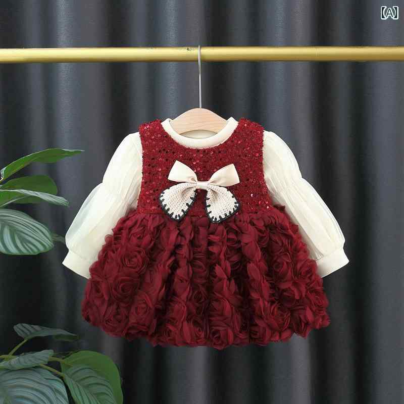 ワンピース ベビー 女の子 プリンセスドレス 裏起毛 秋冬 1歳 誕生日 フォーマル セレモニー かわいい おしゃれ ポリエステル ワインレッド