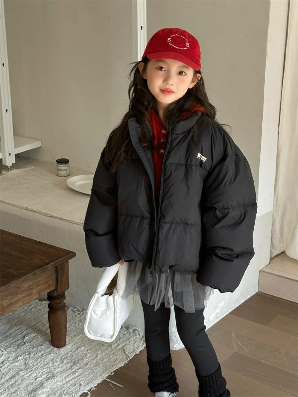 ダウンジャケット 女の子 キッズ 女児 ジュニア ショート丈 厚手 ボリューム感 保温 防寒 冬 韓国ファッション かわいい ポリエステル ホワイトダックダウン 無地