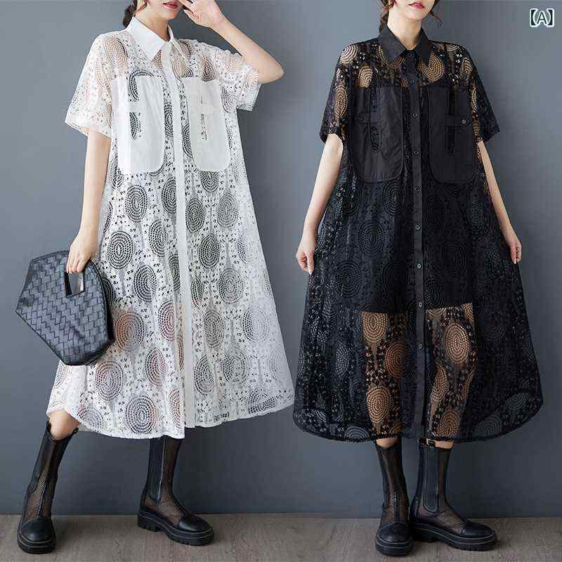 ワンピース レディース 春夏 ゆったり ルーズフィット メッシュ 切り替え カジュアル シンプル フェミニン 半袖 シャツワンピース ミモレ丈 日韓風 プリント柄 普段使い お出かけ 白 黒