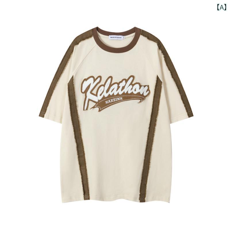 Tシャツ ユニセックス アメカジ レトロ デニムテープ タオル地ロゴ刺繍 ビッグシルエット ゆったり 半袖 クルーネック 綿 カジュアル ストリート 春夏
