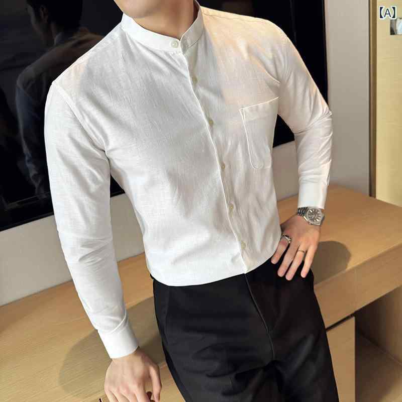 シャツ メンズ 春夏 薄手 リネン 麻混 長袖 スリムフィット 細身 バンドカラー スタンドカラー 無地 チャイナ風 レトロ ヴィンテージ カジュアル デイリーユース