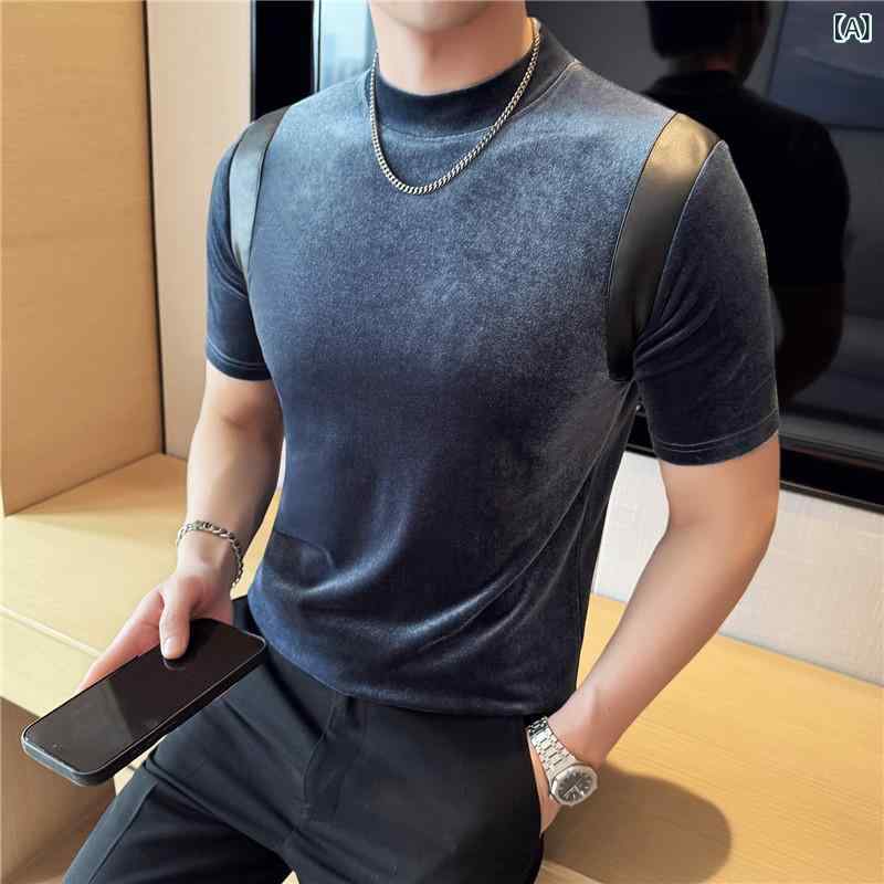 Tシャツ メンズ 春夏 長袖 ベロア 切り替え モックネック ストレッチ スリムフィット 韓国風 カットソー トップス ポリエステル カジュアル 普段使い
