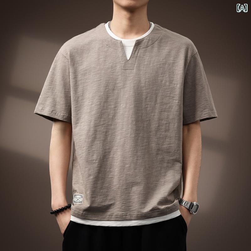 Tシャツ 男性用 日系 レトロ ヴィンテージ 高級感 高品質 竹節綿 フェイクレイヤード 重ね着風 クルーネック 半袖 ゆったり ルーズ オーバーサイズ カジュアル 普段使い スポーツ 春夏 カーキ ロイヤルブルー