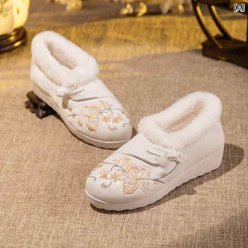 布靴 レディース 冬 裏起毛 保温 インヒール スリッポン 民族調 花柄刺繍 レトロ キャンバス コットンシューズ デイリーユース 普段使い