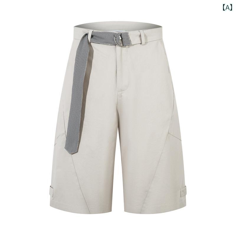七分丈パンツ クロップドパンツ メンズ トレンド ストリート 個性的 デザイン デコンストラクション ゆったり ルーズ ワイドシルエット カジュアル 普段使い 夏 コットン アプリコット ベージュ