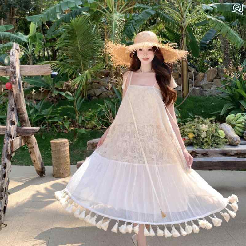ワンピース レディース フレンチテイスト レース ジャガード織り フリンジ 2way キャミソール ロングワンピース ロングスカート エレガント リゾート 春夏 アプリコット ベージュ 6,243円