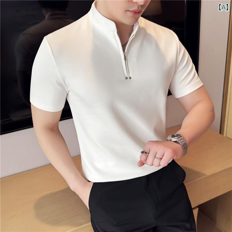 Tシャツ メンズ 夏季 ネオチャイニーズ スタンドカラー ハーフジップ 半袖 スリムフィット きれいめカジュアル 日常使い 通気性 吸湿速乾 綿混 ホワイト ブラック