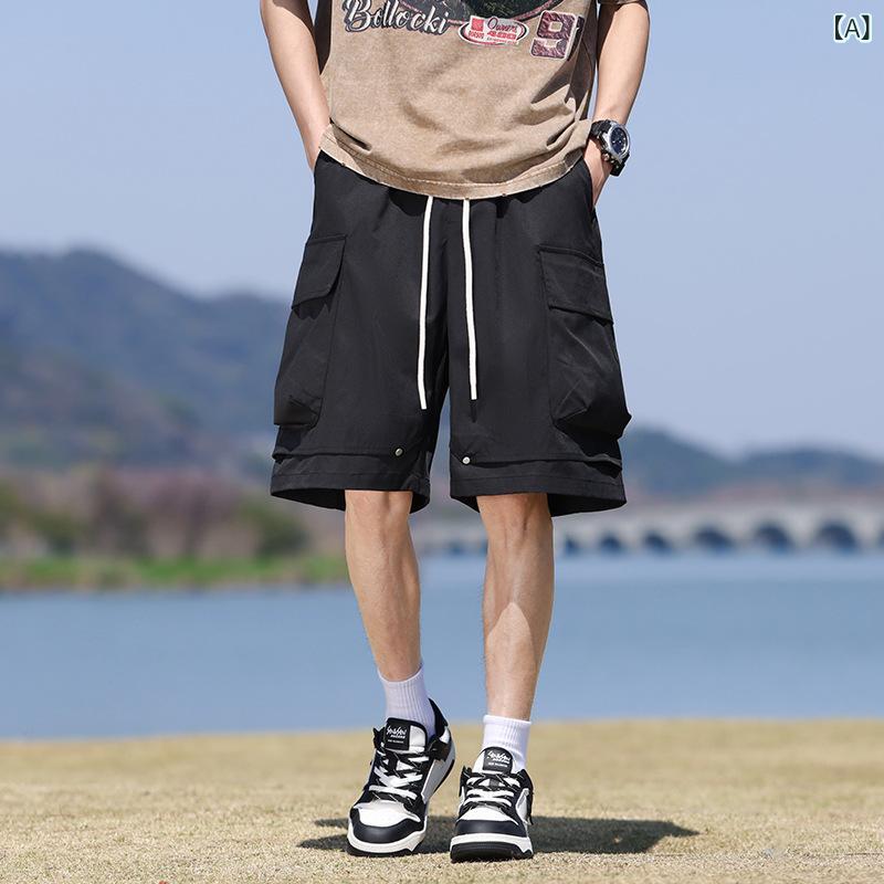 パンツ メンズ 男性用 春夏 五分丈 ハーフ丈 薄手 接触冷感 ポリエステル 微ストレッチ ゆったり ルーズ ストレート ワイド カジュアル ワーク 普段使い リラックスウェア 韓国風 ズボン ブラック カーキ パープル グレー