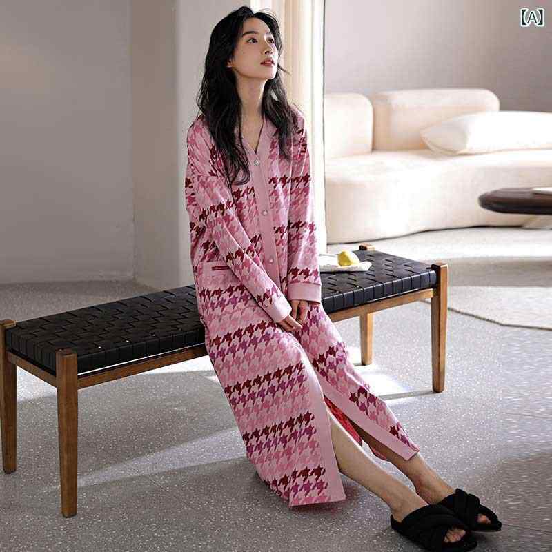 パジャマ レディース 女性用 長袖 Vネック 前開き コットン 綿 ロング丈 ミドル丈 ルームウェア ネグリジェ ナイトドレス 部屋着 普段使い ロングシーズン 高級感 カーディガン