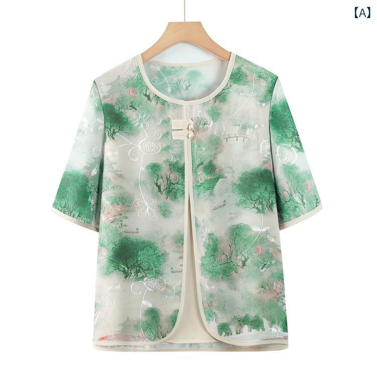トップス ミセス 女性 夏 カジュアル 重ね着風 刺繍 ラウンドネック 半袖 ポリエステル ゆったり 薄手 普段使い お出かけ グリーン ブルー ブラウン系 カットソー