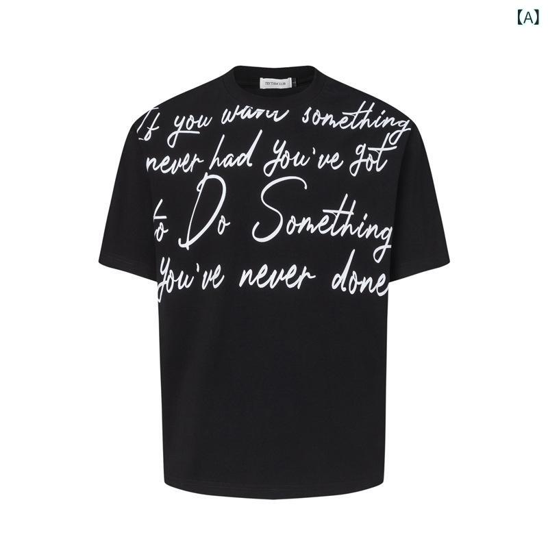 Tシャツ メンズ アメリカンストリート ヒップホップ 筆記体ロゴ バイカラープリント 半袖 コットン 通気性 クルーネック ゆったり オーバーサイズ ブラック ホワイト 夏物 トップス