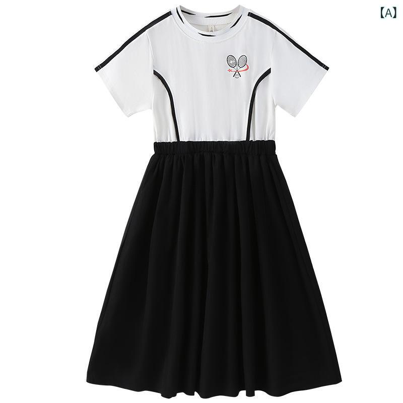 ワンピース キッズ 女の子 配色 切り替え 半袖 Tシャツ トップス プリーツ ウエストマーク 夏 カジュアル デイリー 普段使い スポーツ コットン 綿混 伸縮性 ブラック