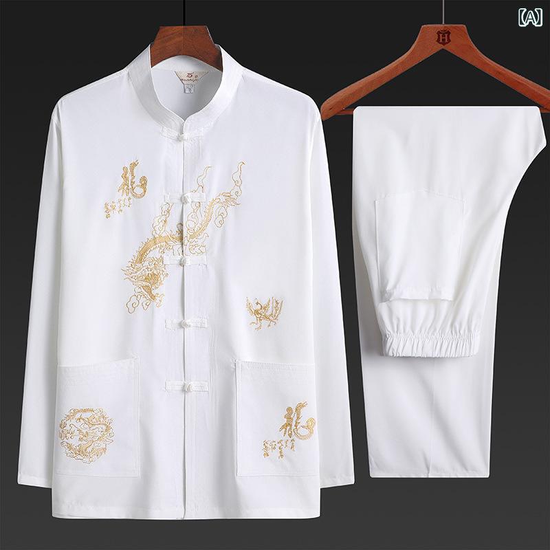 唐装 メンズ 男性用 中高年 漢服 中国風 長袖 セットアップ 太極拳服 居士服 シャツ トップス 刺・墸 ポリエステル 混紡 カジュアル 普段使い リラックス 春夏