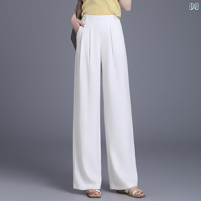 パンツ レディース 女性用 ゆったり ワイドストレート ハイウエスト ドレープ感 細見え 接触冷感 レーヨン リネン混 薄手 夏 きれいめ カジュアル 通勤 デイリーユース 高級感 形態安定｜Hanbok Home