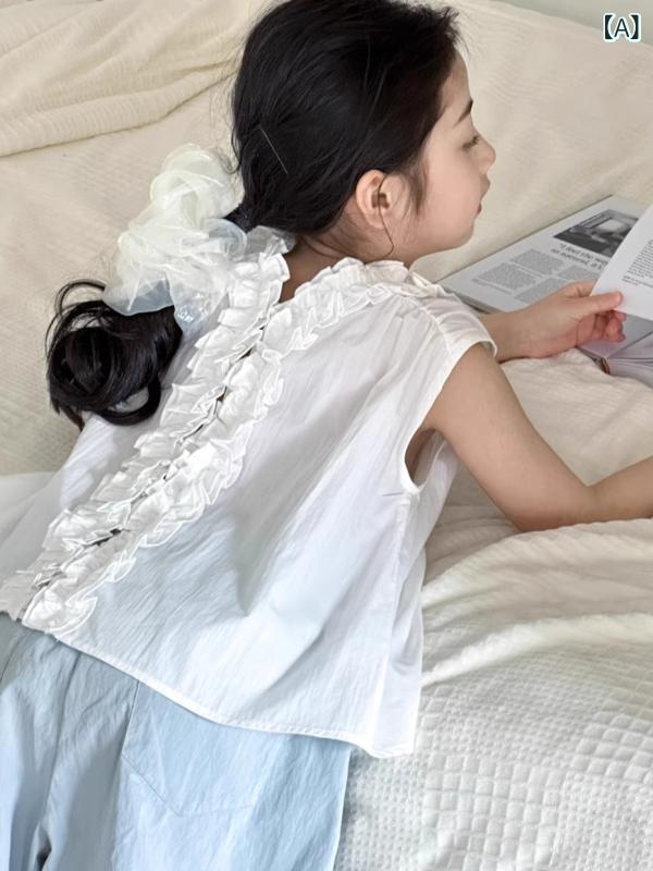 シャツ 女の子 キッズ 女児 Vネック ノースリーブ メローフリル ゆったり 夏服 親子コーデ コットン 普段使い 白 おしゃれ かわいい ブラウス トップス