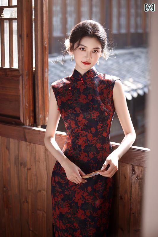 チャイナドレス レディース 中華風 新中国風 改良 レトロ ロング丈 スリムフィット 細見え 普段使い エレガント ポリエステル スパンデックス スタンドカラー 斜め襟 ノースリーブ スリット ファスナー ストレッチ 花柄 夏