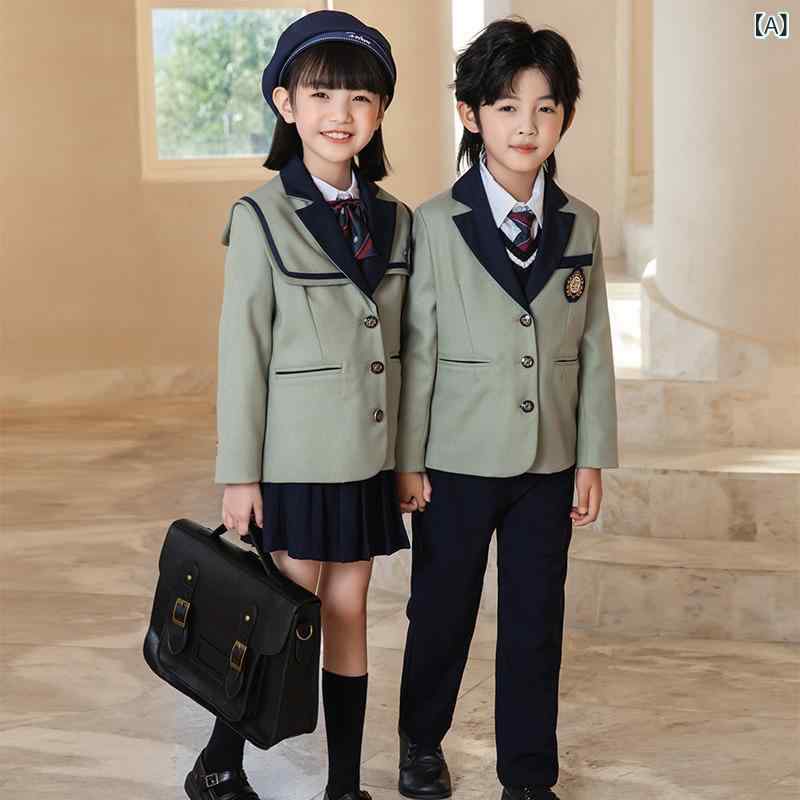 制服 男女兼用 キッズ 子供服 ブリティッシュスタイル 幼稚園 園児 小学生 卒業式 入学式 発表会 フォーマル ジャケット パンツ スリーピース 3点セット コットン素材 春秋