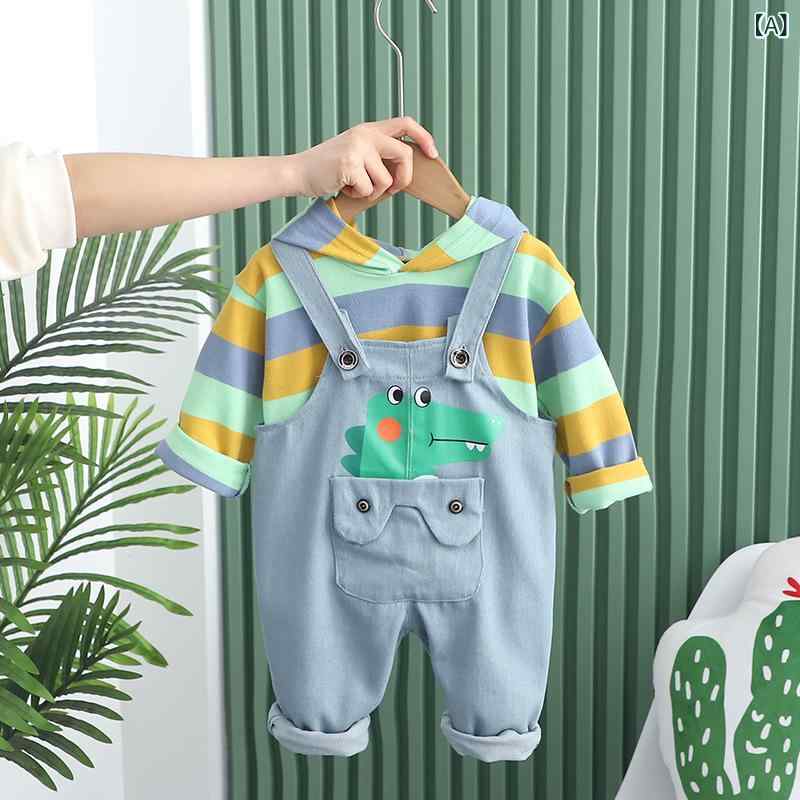 キッズ 男の子 ベビー 乳幼児 長袖 トップス サロペット オーバーオール パンツ セットアップ 2点セット 綿 コットン ストライプ柄 韓国風 カジュアル 春秋 普段着 お出かけ着