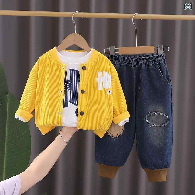 キッズセットアップ 男の子 男児 ベビー ボーイズ 春秋 長袖 コーデュロイ コットン 柔らかい アルファベット プリント おしゃれ カジュアル デニム 3点セット ロングパンツ