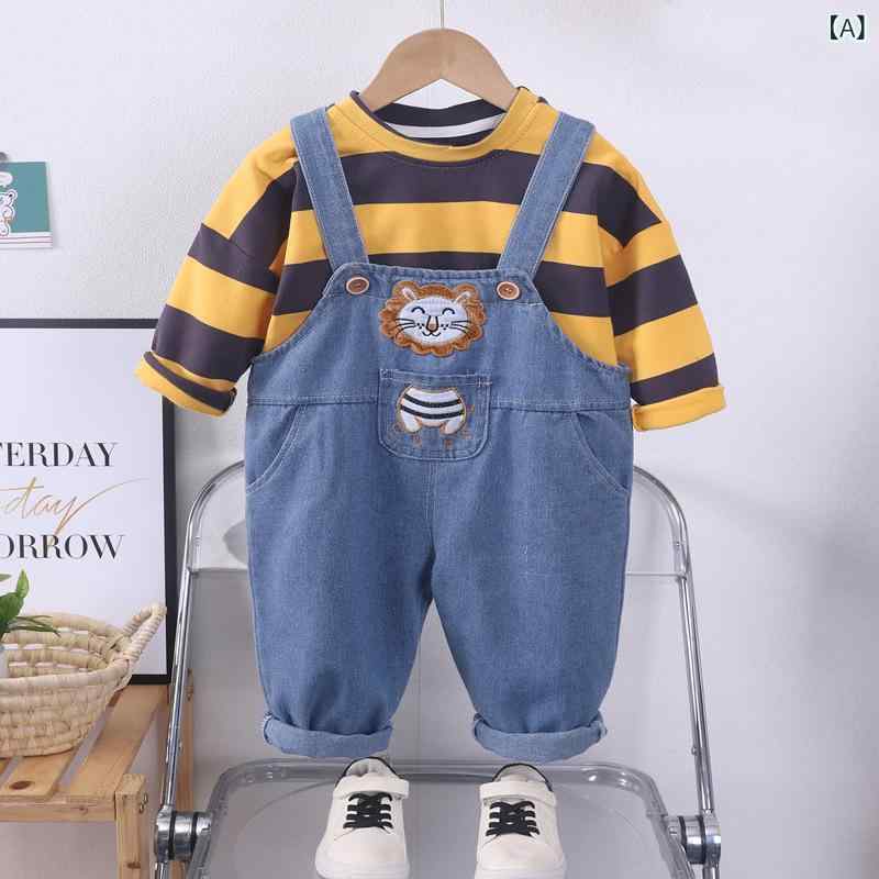 セットアップ キッズ 男の子 ベビー 1歳 2歳 3歳 長袖Tシャツ ストライプ柄 キャラクター デニム サロペット オーバーオール コットン 薄手 カジュアル 春秋 2点セット