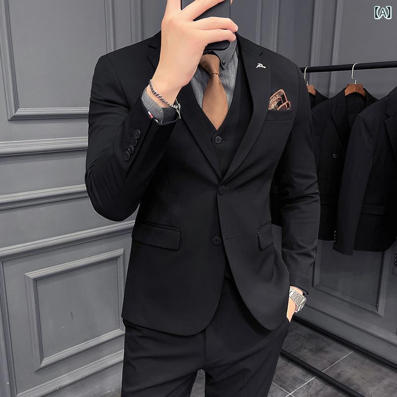 スーツ メンズ スリーピース 3点セット セットアップ 男性用 オールシーズン 通年 韓国風 細身 スリムフィット 2つボタン シングルブレスト 綿混 ポリエステル ビジネス カジュアル オフィス 通勤 普段使い フォーマル対応 ノーアイロン 形状記憶