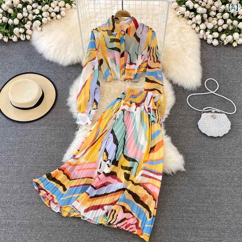 セットアップ レディース きれいめ 大人カジュアル エレガント 通勤 オフィス 普段使い 花柄 シフォン ブラウス トップス 長袖 ハイウエスト プリーツスカート 2点セット ツーピース 春夏