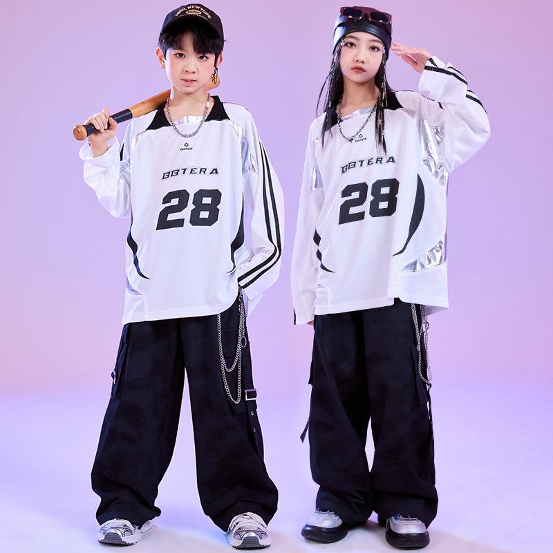ダンス衣装 キッズ ジュニア ストリート ヒップホップ パフォーマンス セットアップ コットン 長袖 長ズボン 切り替え タイダイ シルバーホワイト ブラック 春夏