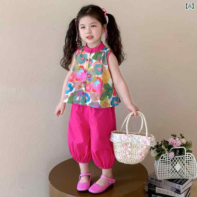 キッズ セットアップ 女の子 女児 ガールズ 子供 ベビー 幼児 夏 サマー 綿混 ノースリーブ ベスト ジョガーパンツ 裾絞りパンツ 2点セット ツーピース 韓国系 オルチャンスタイル おしゃれ かわいい 普段使い 部屋着