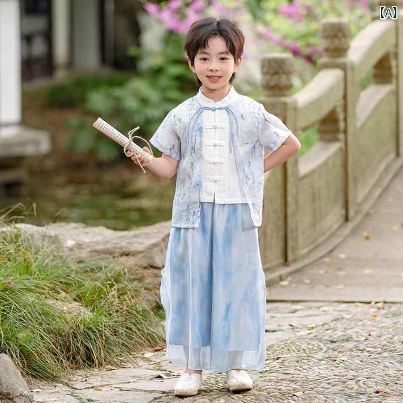 漢服 キッズ 男の子 女の子 新中華風 クラシカル 唐装 民族衣装 夏服 薄手 ポリエステル 柔らか素材 普段使い 蓮柄プリント おしゃれ モダン セットアップ 2点セット